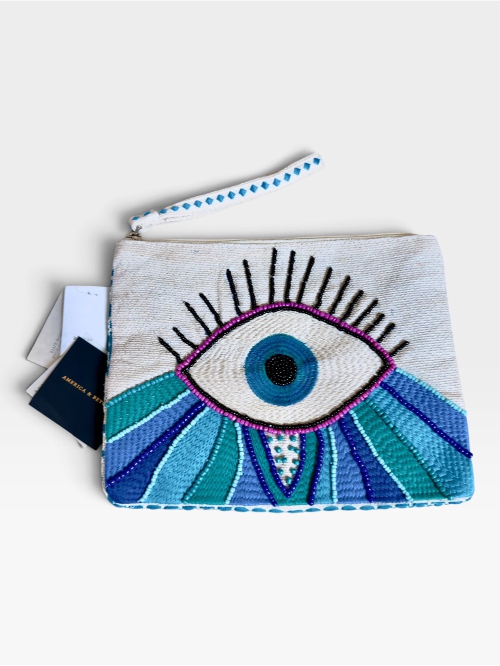 Beaded Eye Wristlet Clutch in White and Blue